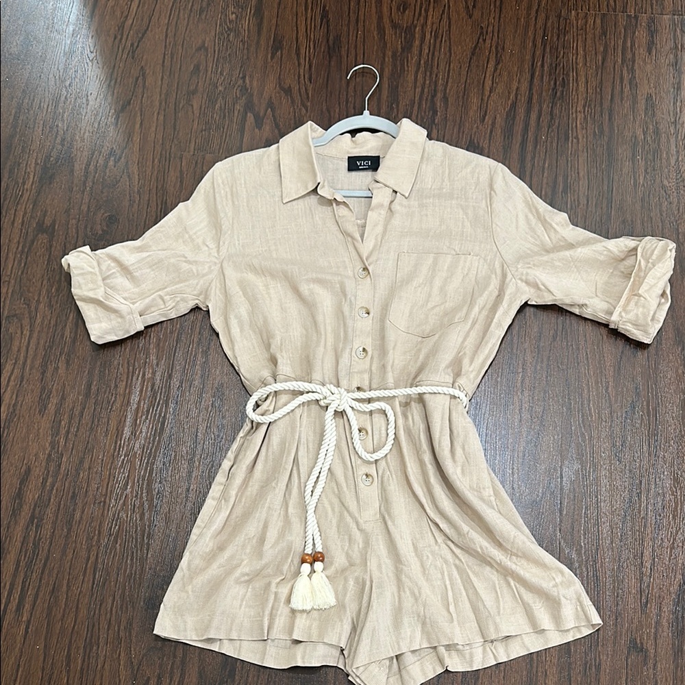 Vici Cream Button-Front Linen Romper with Rope Belt